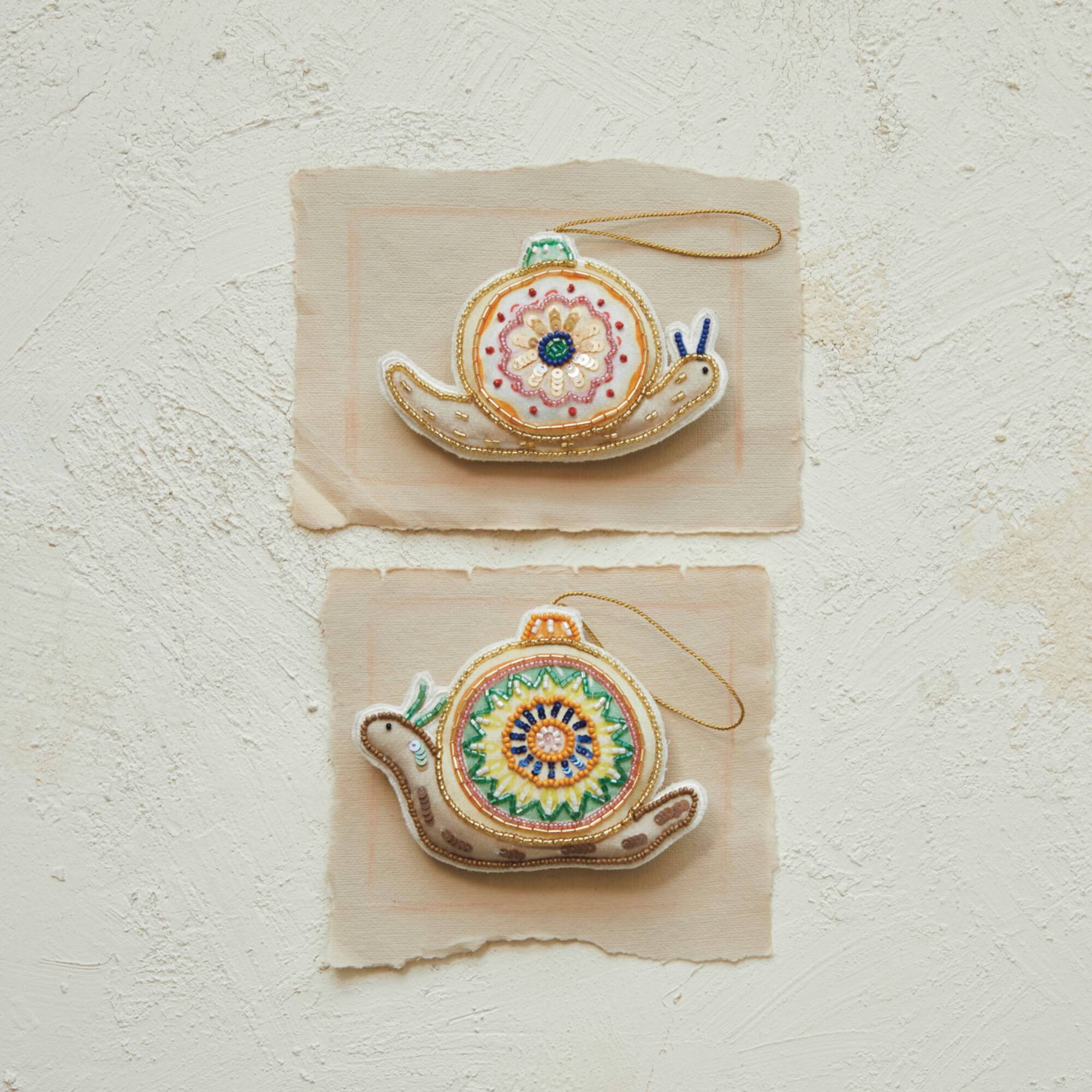 Hello Honey® 2 Pack 3.5" Beaded & Embroidered Snail Cotton Fabric Ornaments